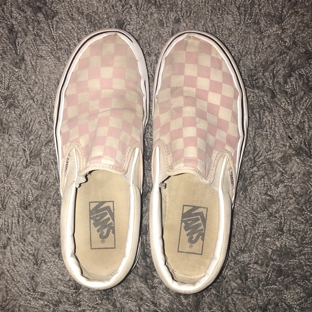 Pink and white checkered slip on vans